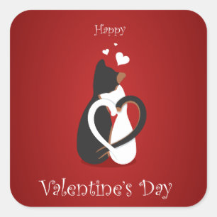 Pegatina Cuadrada Felices gatitos negros y blancos de San Valentín
