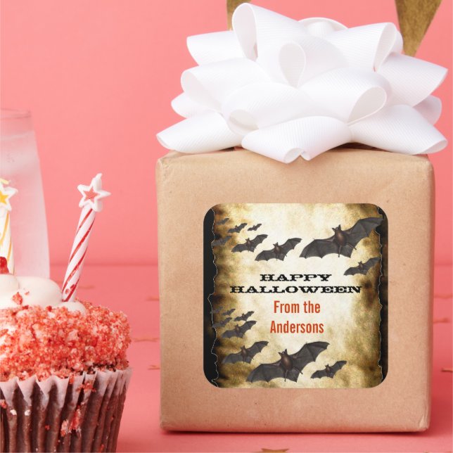 Pegatina Cuadrada Felices murciélagos de Halloween y pergamino quema (Fiesta)