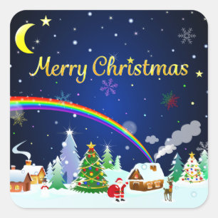 Pegatina Cuadrada Felices Navidad con la luna creciente