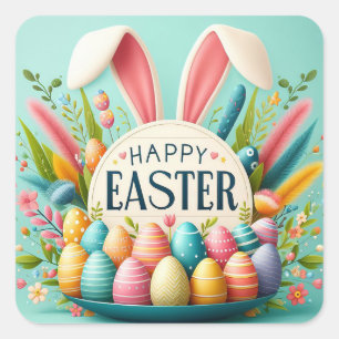 Pegatina Cuadrada Felices Orejas de Conejo de Pascua