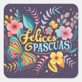 Pegatina Cuadrada Felices Pascuas en un mundo de encanto