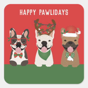 Pegatina Cuadrada Felices Pawlidays Bulldoges franceses