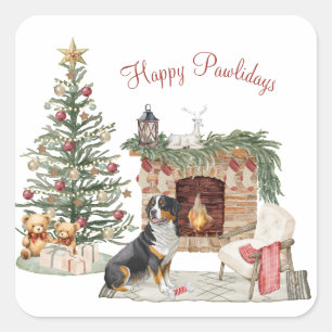 Pegatina Cuadrada Felices Pawlidays Diseño de Perro - Bernés de la M