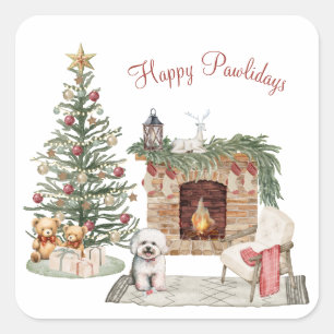 Pegatina Cuadrada Felices Pawlidays Diseño de Perro - Bichon Frise