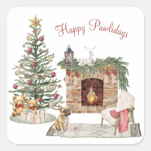 Pegatina Cuadrada Felices Pawlidays Diseño de Perro - Bulldog Francé