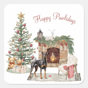 Pegatina Cuadrada Felices Pawlidays Diseño de Perro- Doberman Pinsch