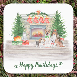 Pegatina Cuadrada Felices Pawlidays Perros Gatos Cachorros Navidades