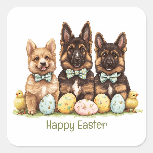 Pegatina Cuadrada Felices Perros del Pastor Alemán de Pascua (Anverso)