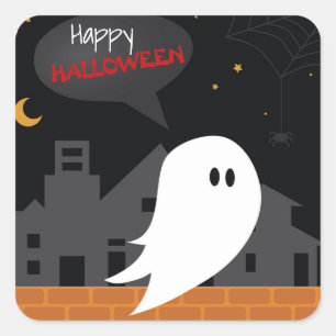 Pegatina Cuadrada Felices saludos de Halloween, ciudad fantasma