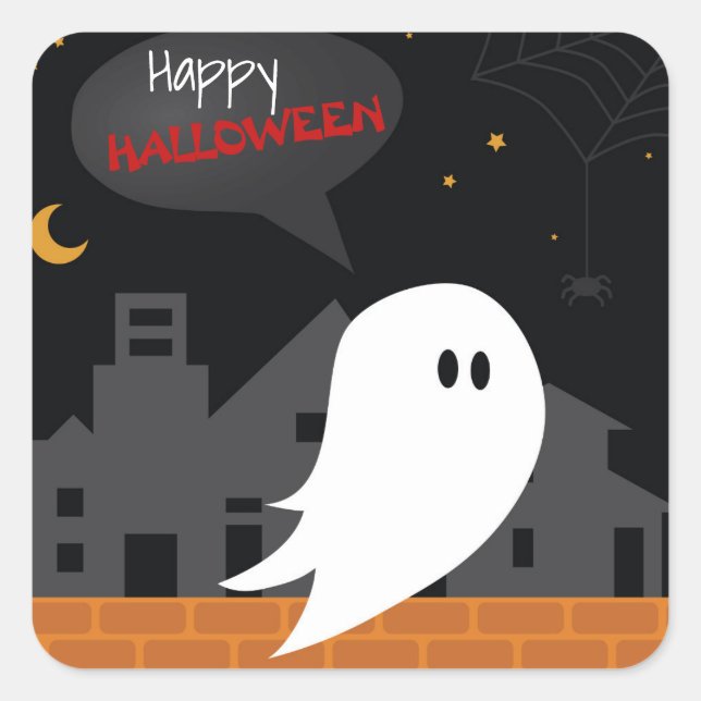 Pegatina Cuadrada Felices saludos de Halloween, ciudad fantasma (Anverso)