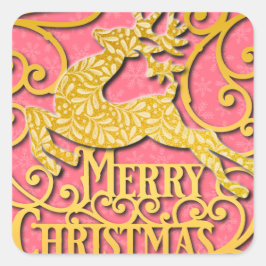 Pegatina Cuadrada Felices siluetas de renos navideños copo de nieve