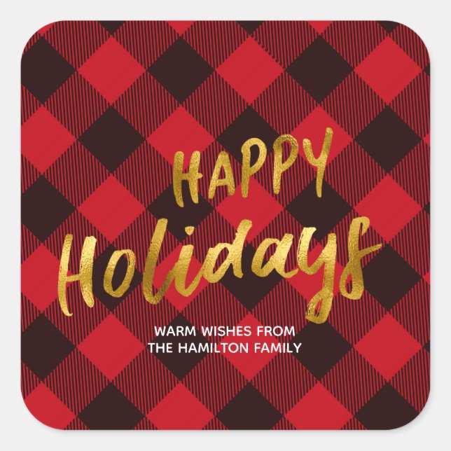 Pegatina Cuadrada Felices vacaciones Buffalo Red Plaid y Relieve met (Anverso)
