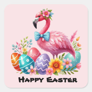 Pegatina Cuadrada Felices vacaciones de flamingo rosa de Pascua