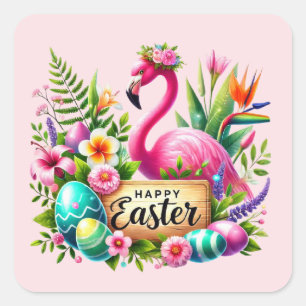 Pegatina Cuadrada Felices vacaciones de flamingo rosa de Pascua