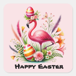 Pegatina Cuadrada Felices vacaciones de flamingo rosa de Pascua