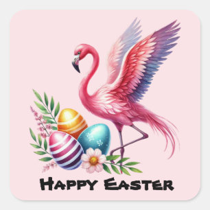Pegatina Cuadrada Felices vacaciones de flamingo rosa de Pascua