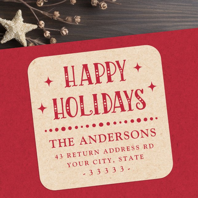 Pegatina Cuadrada Felices vacaciones divisor de puntos festivos Kraf (Happy Holidays festive dot divider Kraft look red Square Sticker)