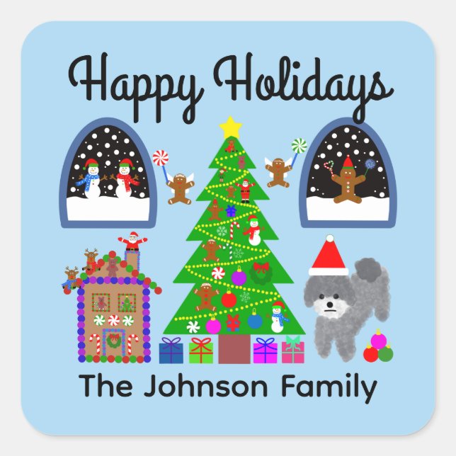 Pegatina Cuadrada Felices vacaciones Navidades de Gray Poodle #6 Peg (Anverso)