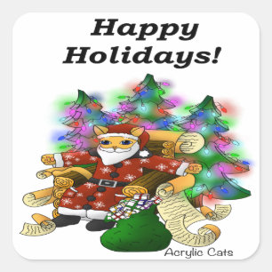 Pegatina Cuadrada Felices vacaciones Navidades Santa Cat