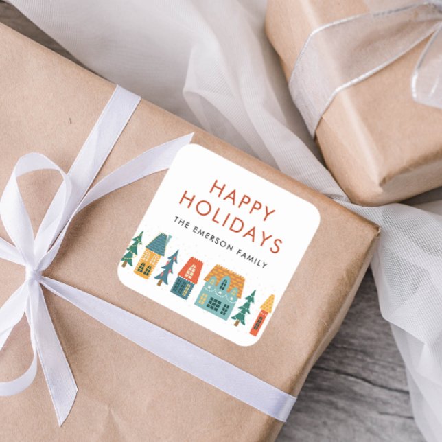 Pegatina Cuadrada Felices vacaciones Pegatinas de invierno (Happy Holidays Retro Chic Houses Square Envelope Seal Gift Sticker by Painted Paperie)