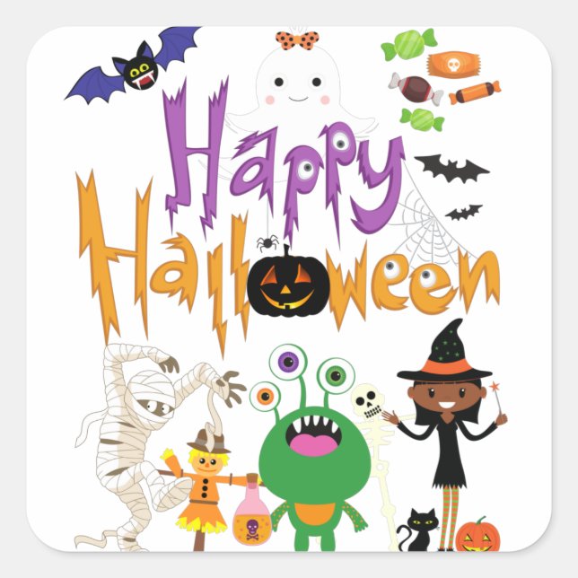 Pegatina Cuadrada Felices y felices niños de Halloween adorables (Anverso)