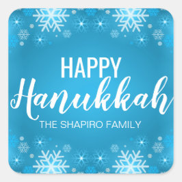 Pegatina Cuadrada FELICIDAD Blanca Azul Personalizada HANUKKAH Snowf