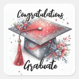 Pegatina Cuadrada Felicidades Graduación Cap y Diploma