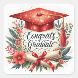 Pegatina Cuadrada Felicidades Graduado Gorro de Graduación y Diploma