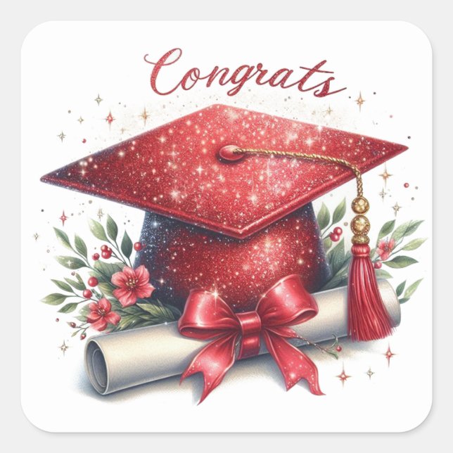Pegatina Cuadrada Felicidades Toca de graduación y diploma (Anverso)