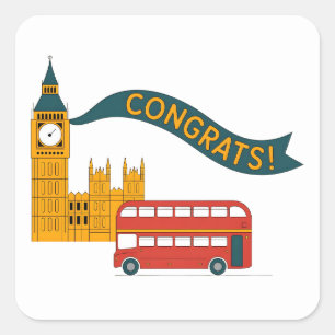 Pegatina Cuadrada Felicitación con Big Ben con tema de Londres "¡Fel