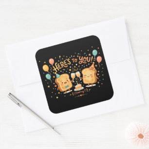 Pegatina Cuadrada Felicitación de Celebración de Tostada Adorable