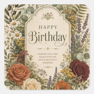 Pegatina Cuadrada Felicitación de cumpleaños con flores silvestres y