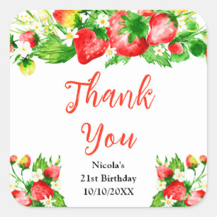 Pegatina Cuadrada Felicitación de cumpleaños de fresas y margaritas