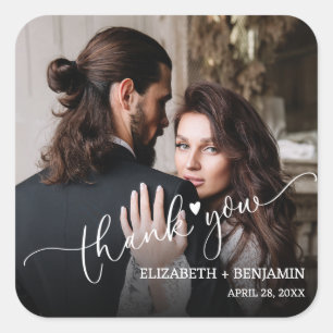 Pegatina Cuadrada Felicitación de foto de boda con letra a mano