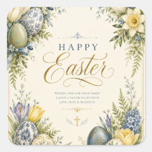Pegatina Cuadrada Felicitación de Pascua, floral elegante y pastel