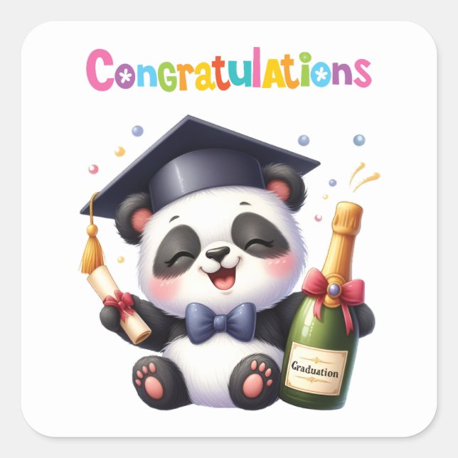 Pegatina Cuadrada Felicitaciones a Panda Graduation (Anverso)