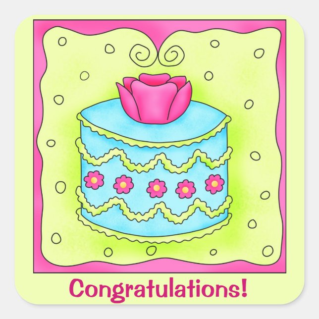 Pegatina Cuadrada Felicitaciones al Rosa Turquesa Personalizado (Anverso)