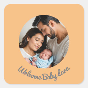 Pegatina Cuadrada Felicitaciones bebé melocotón, foto de bienvenida