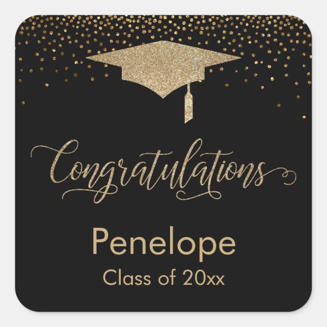Pegatina Cuadrada Felicitaciones Black de la graduación de Gold Conf (Anverso)