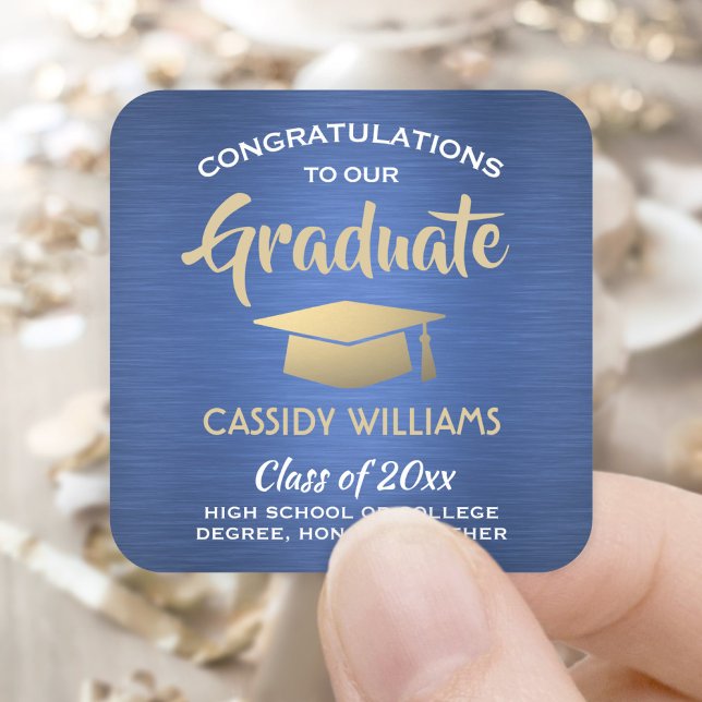 Pegatina Cuadrada Felicitaciones Blue Gold White Modern Graduation (Subido por el creador)