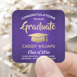 Pegatina Cuadrada Felicitaciones Bruselas Morado y Graduación de Oro