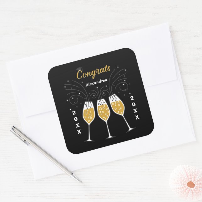 Pegatina Cuadrada Felicitaciones Grad Graduation Gold Personalizado (Sobre)