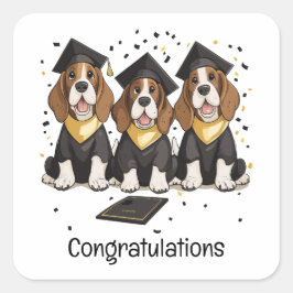 Pegatina Cuadrada Felicitaciones Graduación de perros hondos Basset