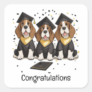 Pegatina Cuadrada Felicitaciones Graduación de perros hondos Basset
