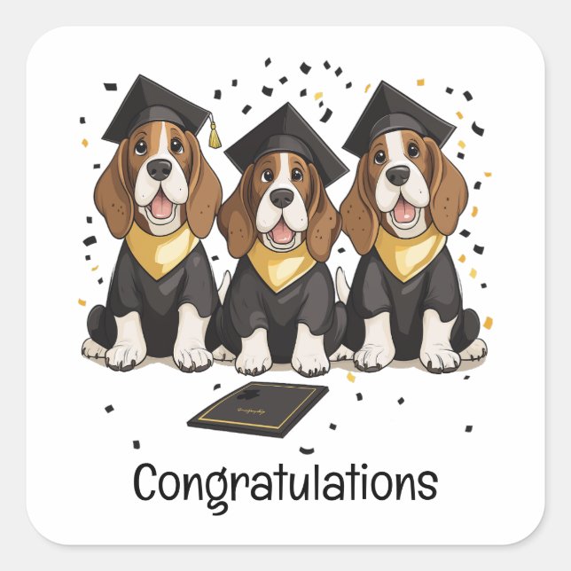 Pegatina Cuadrada Felicitaciones Graduación de perros hondos Basset (Anverso)