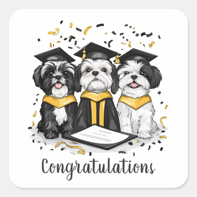 Pegatina Cuadrada Felicitaciones Graduación Shih Tzu Perros (Anverso)