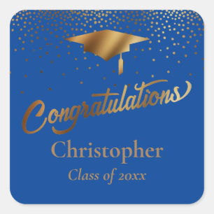 Pegatina Cuadrada Felicitaciones Graduado, Clase de Oro y Azul