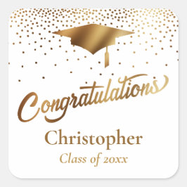 Pegatina Cuadrada Felicitaciones Graduado, Clase de Oro y Blanco