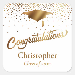 Pegatina Cuadrada Felicitaciones Graduado, Clase de Oro y Blanco
