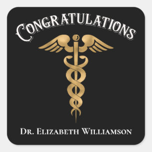 Pegatina Cuadrada Felicitaciones Médica Médico Caduceus Seal